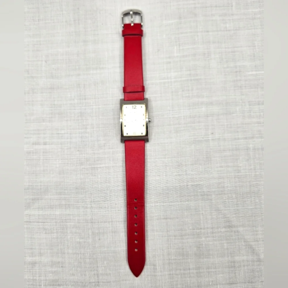 Nine‎ West Womens Watch Red Leather Strap Silver Rectangular Dial Needs Battery